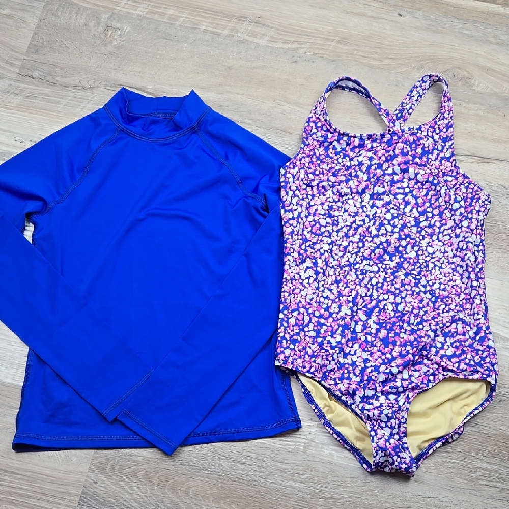 Lands' End Girls SLIM 10 S- 12 S Swim Set - Blue Rash Guard and Purple Swimsuit